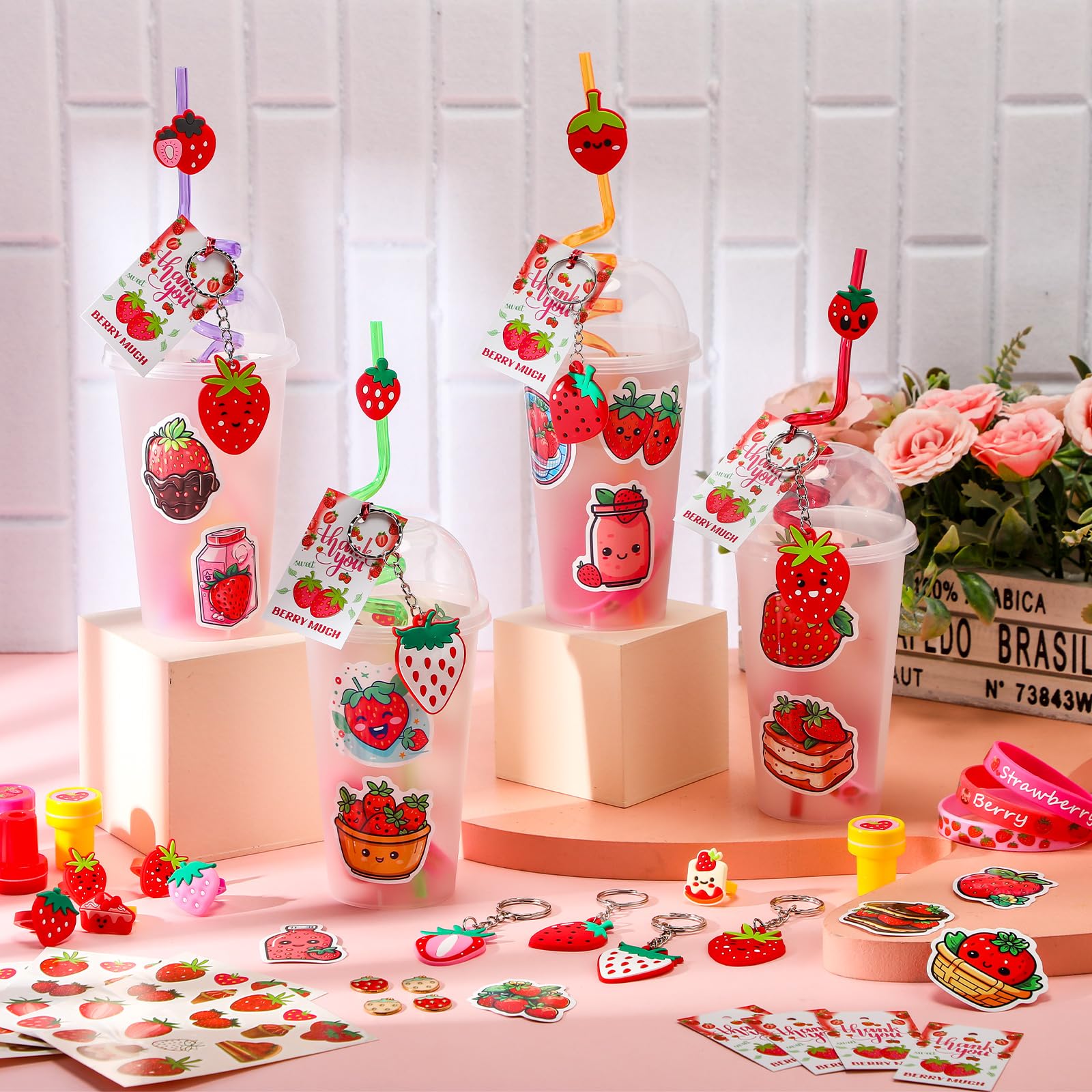Landical 213 Pcs Strawberry Party Favors Includes Gift Cup Straws Bracelets Stickers Temporary Tattoos Keychain Rings Stampers P